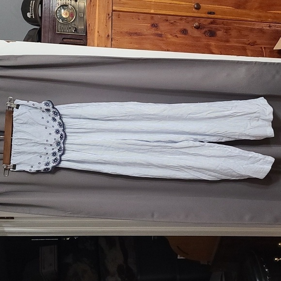 Jessica Simpson Strapless Jumper Blue/Navy Striped Pockets Wide Leg Sz XS EUC - Picture 1 of 8